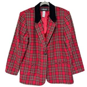 {Sag Harbor} Petite Tartan Holiday Plaid Velvet Wool Blend Oversized Blazer